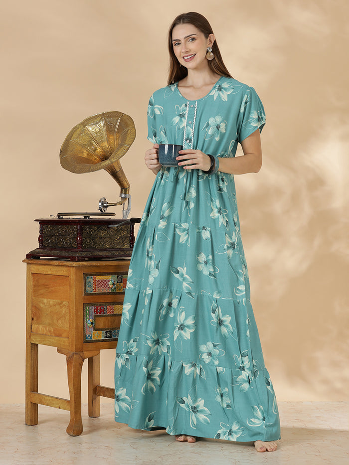 Floral alpine teal blue frock type nighty for women