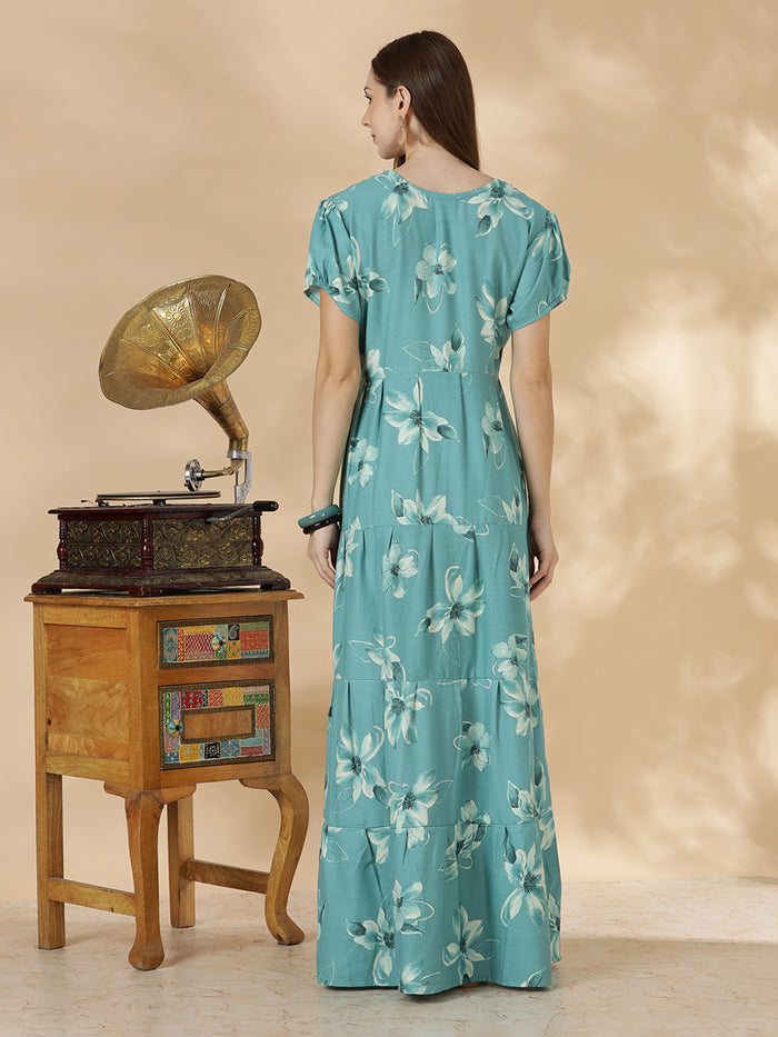 Floral alpine teal blue frock type nighty for women