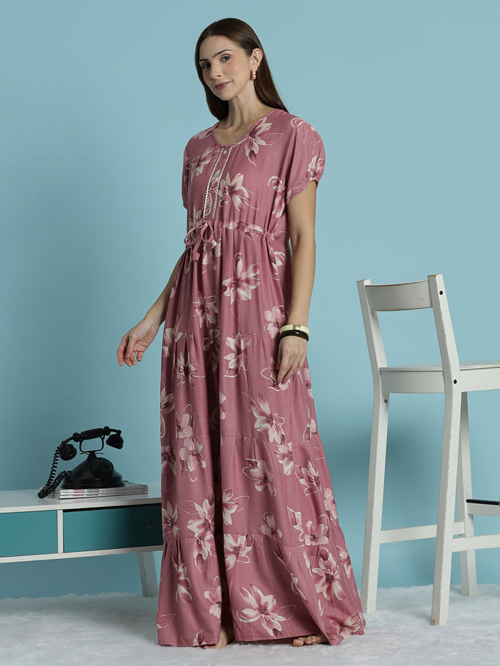 Rose pink floral print frock type alpine nighty for women