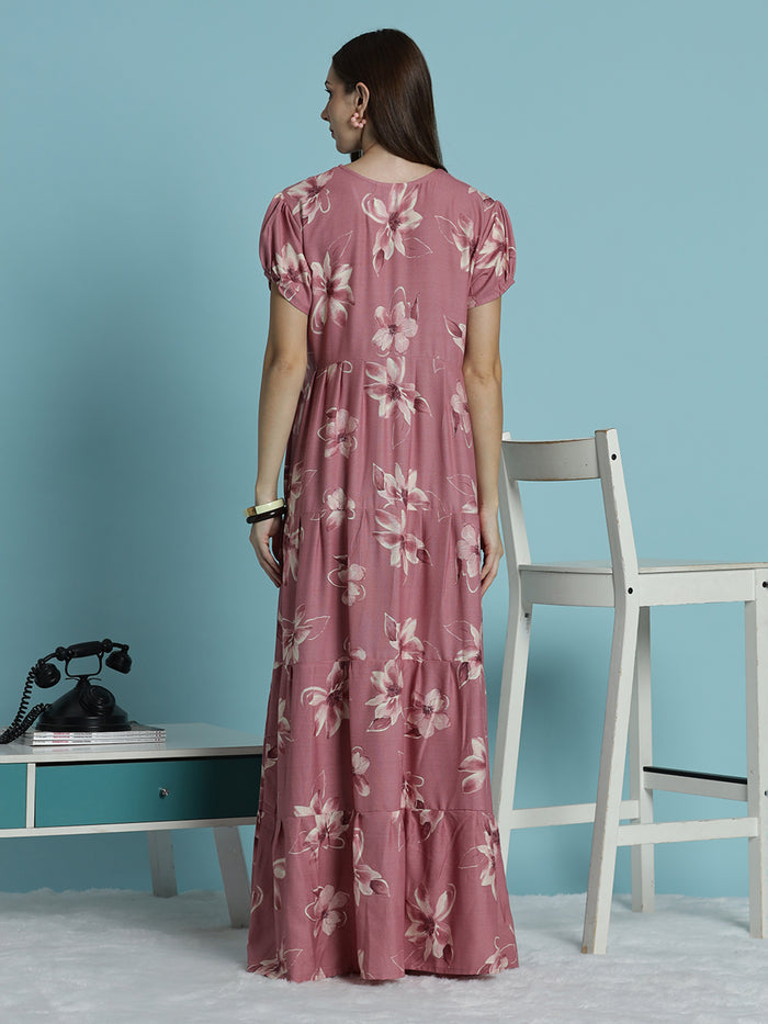 Rose pink floral print frock type alpine nighty for women