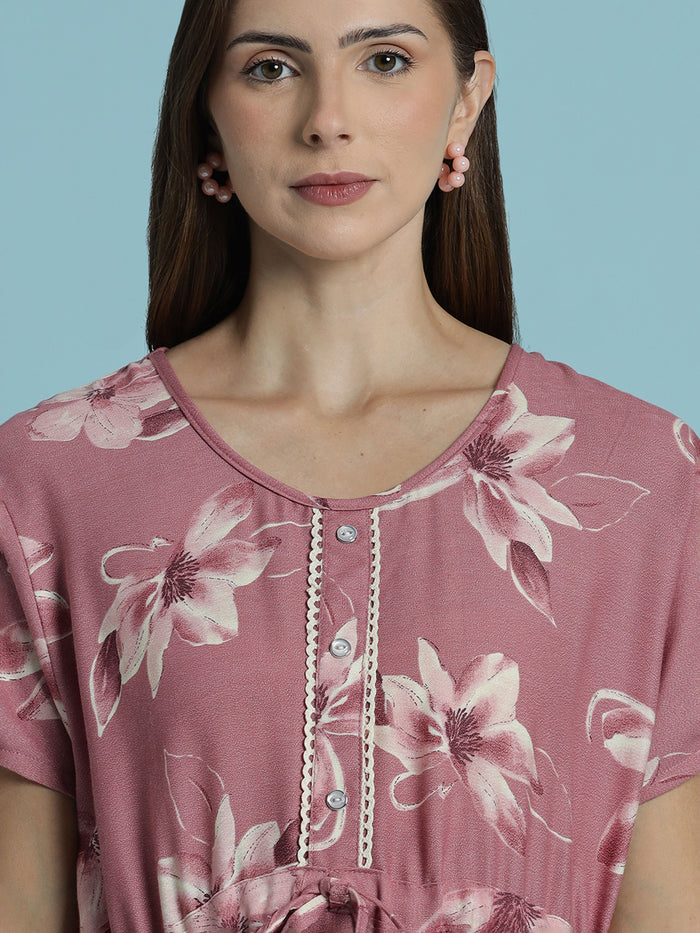 Rose pink floral print frock type alpine nighty for women