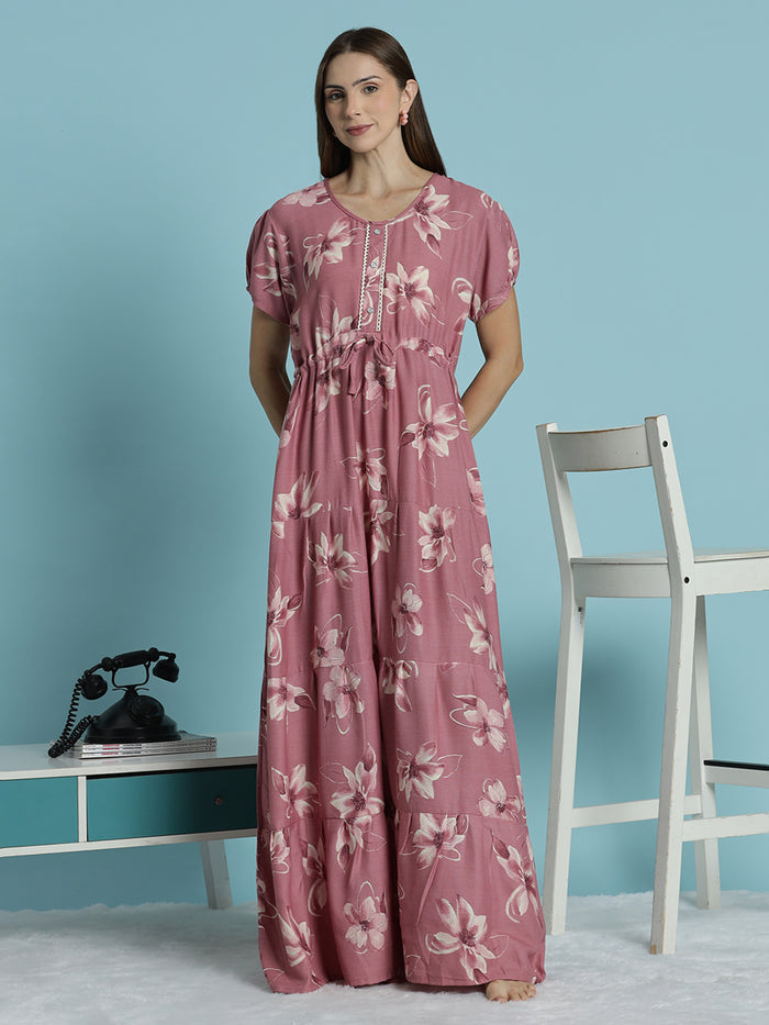Rose pink floral print frock type alpine nighty for women