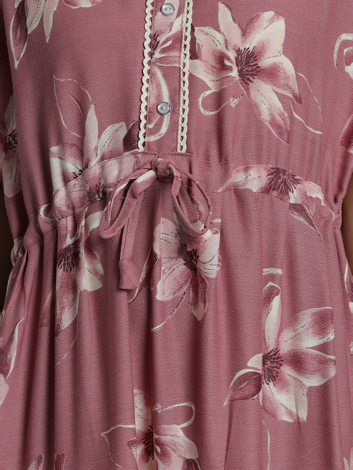 Rose pink floral print frock type alpine nighty for women