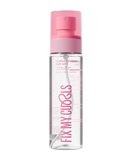 Floral Bouquet Hair Mist of Fix My Curls with pink cap on a white background