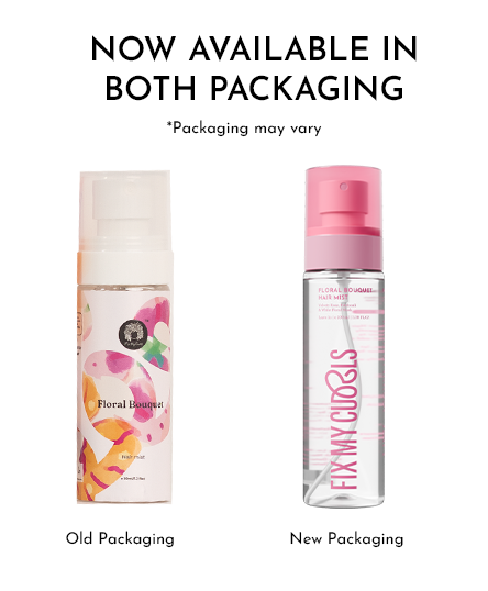 The old and new packaging of Floral Bouquet Hair Mist has been presented against a white backdrop
