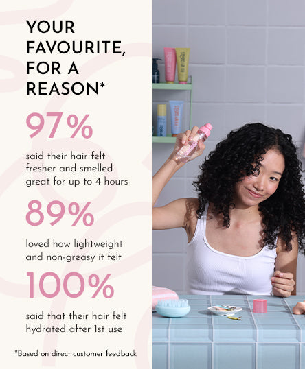 Woman using Fix My Curls' Floral Bouquet Hair Mist with text on customer feedback percentage