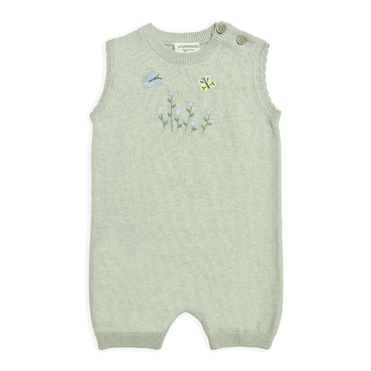 Floral Embroidered Sleeveless Knit Baby Romper  made of Organic Cotton