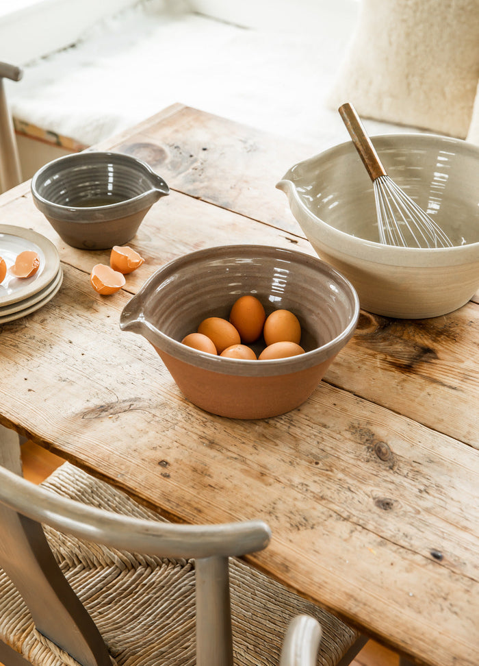 French Country Stoneware Mixing Bowl — bowls with eggs and baking tools; Farmhouse Pottery