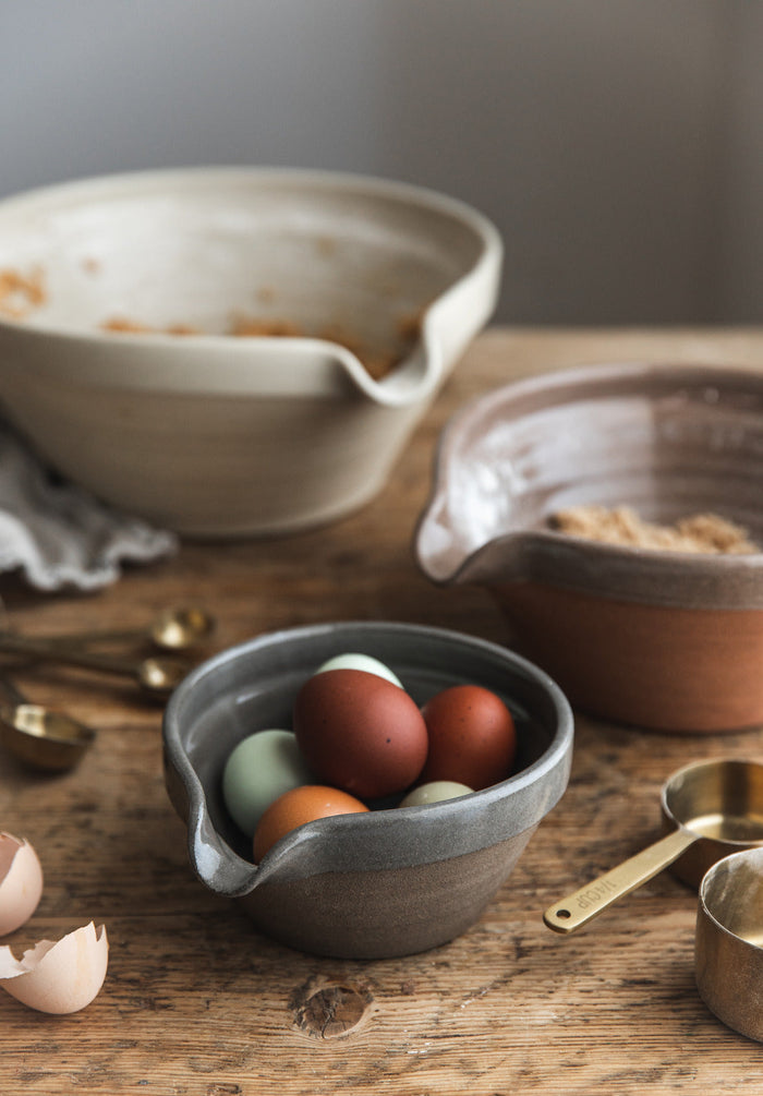 French Country Stoneware Mixing Bowl — bowls beside loose ingredients; Farmhouse Pottery