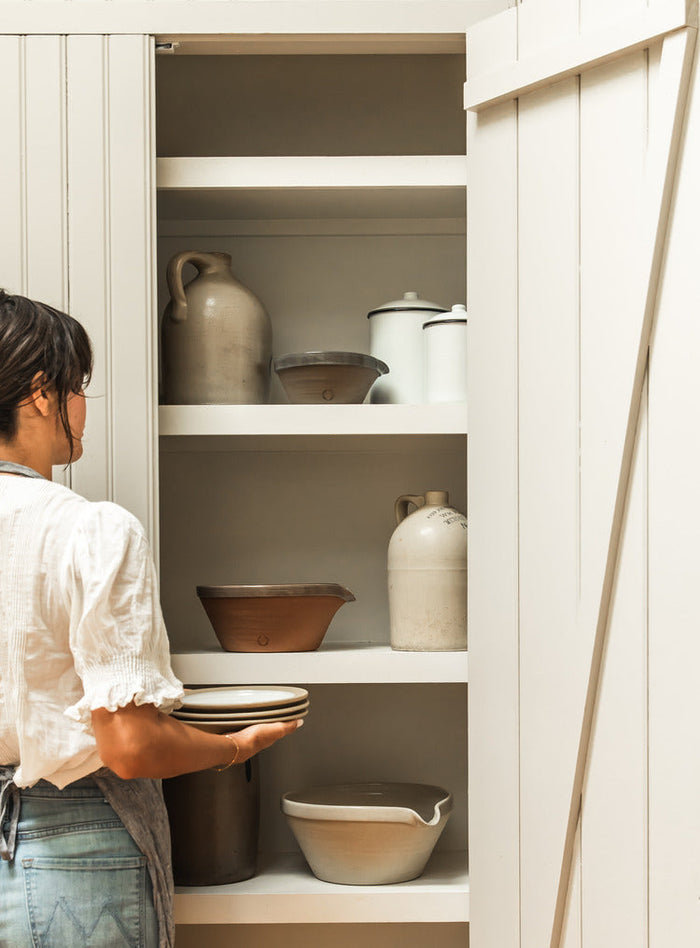 French Country Stoneware Mixing Bowl — bowls stored on a kitchen shelf; Farmhouse Pottery