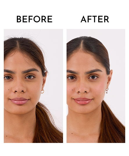 The image demonstrates changes in model before using Frizz Finishing Wand and after using the product