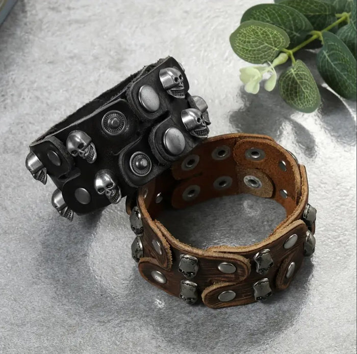 Genuine Leather Skull Studded Wrist Cuff