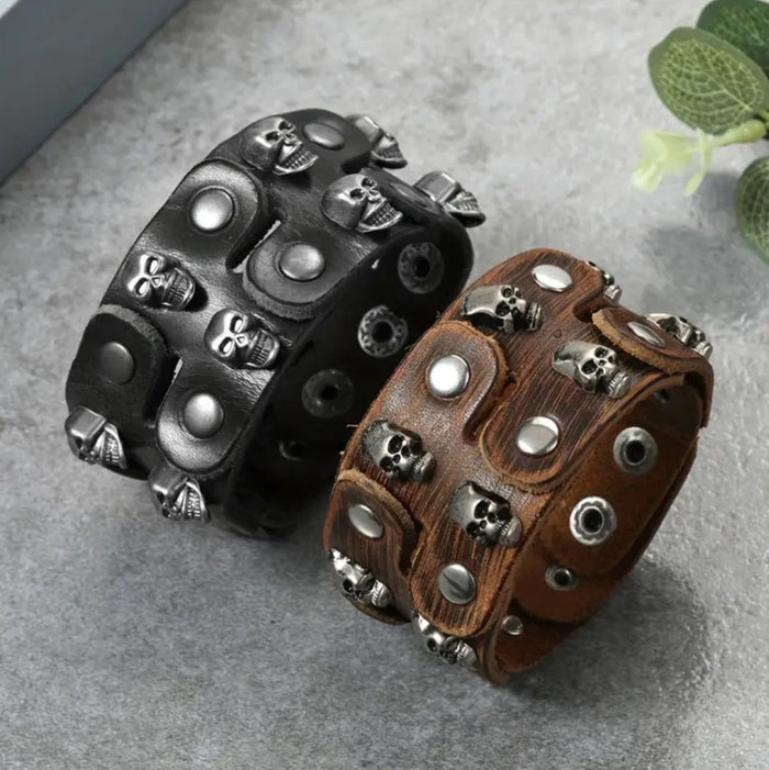 Genuine Leather Skull Studded Wrist Cuff