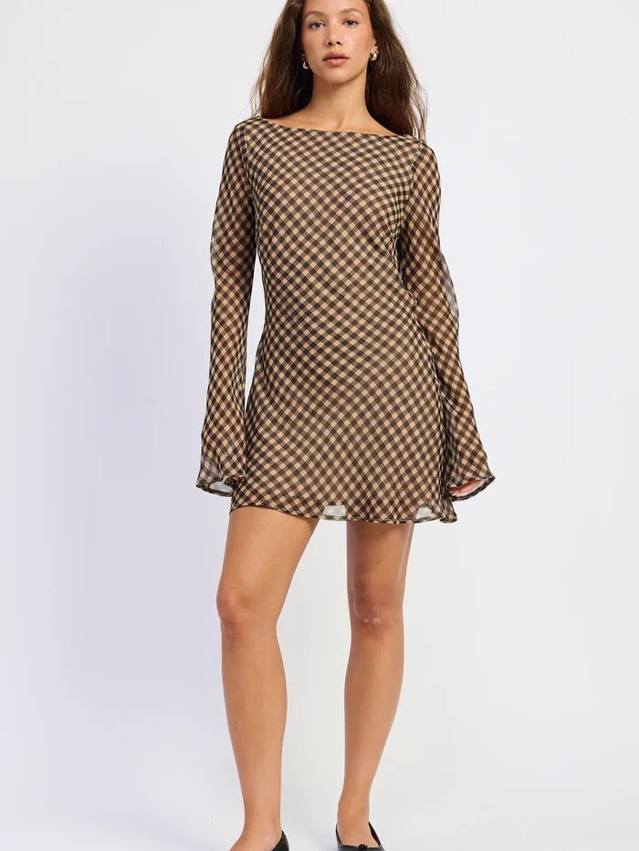 Gingham Long Sleeve Mini Dress
