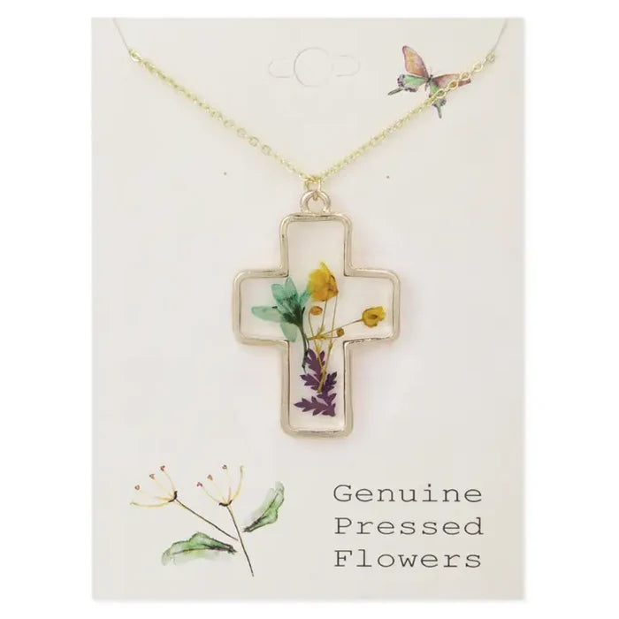Gold Cross Dried Flower Necklace
