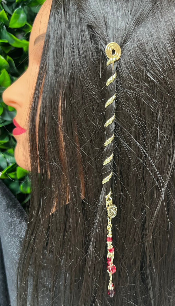 Gold Mini Hair Twister – 4 Inch Spiral Wrap with red bead charm, worn in long dark hair, side view