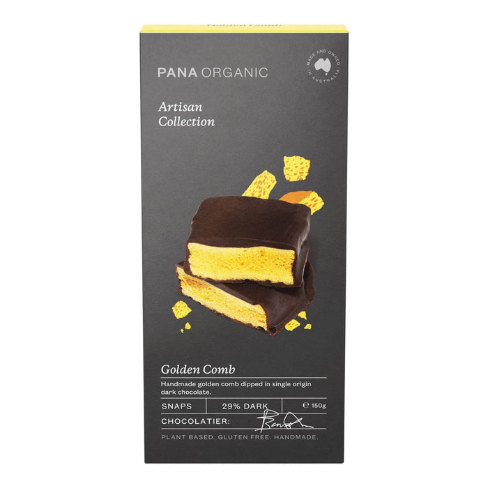 Pana Organic Golden Comb Snaps packaging on a white background. Plant based. Gluten free. Handmade.