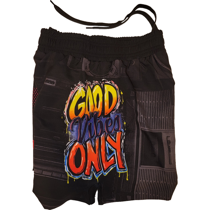 The Retro Grappler Good Vibes Only BJJ Shorts feature black fabric with colorful graffiti-style GOOD Vibes ONLY text, a lightweight design, elastic waistband, and black drawstring—perfect for beach days or training sessions.