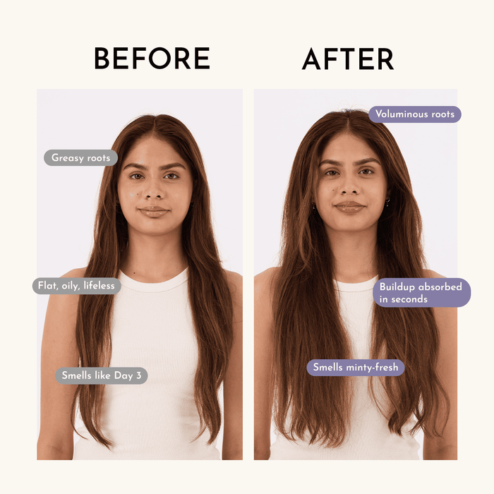 Before and after comparison of Goodbye Grease Dry Shampoo on a person with text labels