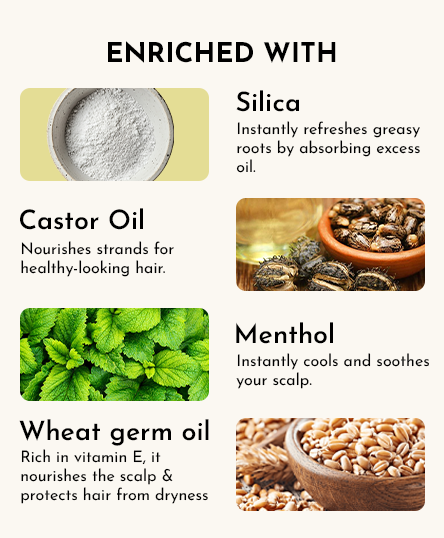 Product label highlighting ingredients enriched with silica, castor oil, menthol, and wheat germ oil