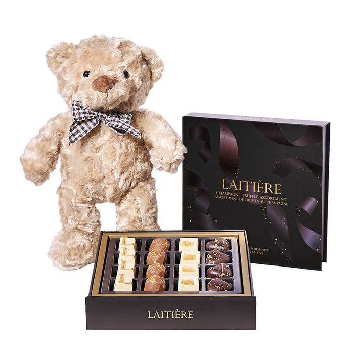 Graduation Gift Set with Teddy Bear and Champagne Truffles – gift basket with brown teddy bear 10 inches and laitiere champagne truffle assortment