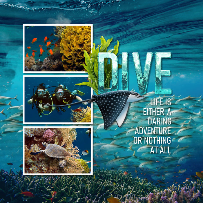 Highlight your vacation memories with these realistic underwater digital art ocean embellishments, papers, masked photo overlays, silhouettes, water splashes, and 2 alpha sets by Lucky Girl Creative. Great for digital scrapbooking holidays to the beach, Great Barrier Reef, Hawaii, the Caribbean Sea, Florida, and other scuba dive, snorkel, and swim adventures. They can even be used for trips to the aquarium, sailing, and boating, too!