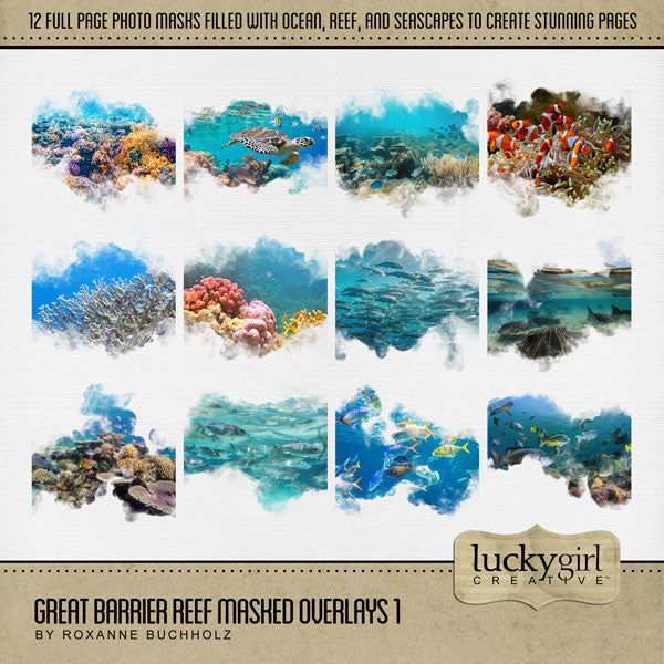 Highlight your vacation memories with these realistic underwater digital art ocean embellishments by Lucky Girl Creative. With transparent edges, these masked photographs blend seamlessly into any background paper and make the perfect backdrop for all travel, vacation, and holiday pages including trips to the beach, Great Barrier Reef, Hawaii, the Caribbean Sea, Florida, and other scuba dive, snorkel, and swim adventures. They can even be used for trips to the aquarium, sailing, and boating, too!