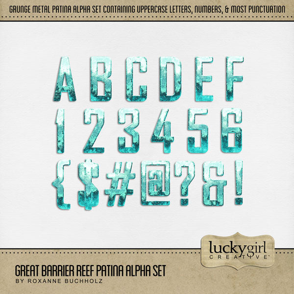 Highlight your vacation memories with these beach and ocean inspired digital art alphabet letters, numbers, and punctuation in a beautiful metal patina by Lucky Girl Creative. Great for digital scrapbooking holidays to the beach, Great Barrier Reef, Hawaii, the Caribbean Sea, Florida, and other scuba dive, snorkel, and swim adventures.