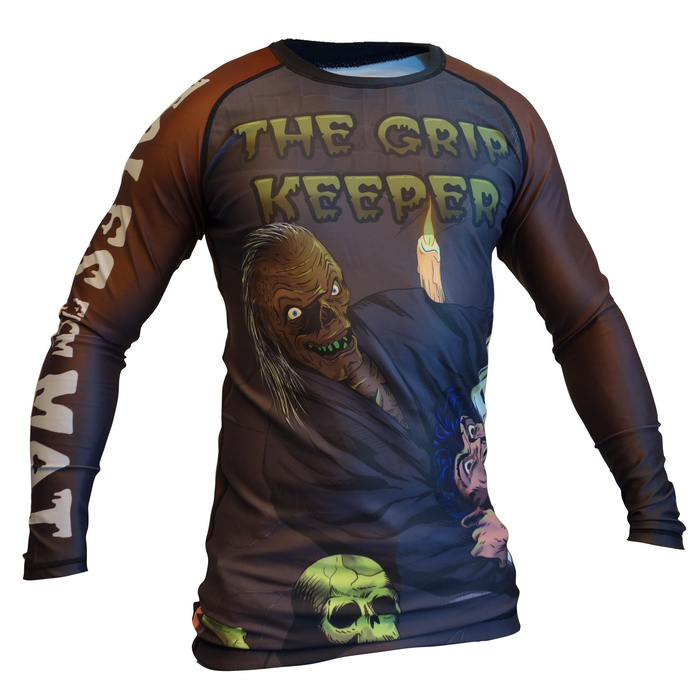 The Retro Grappler Grip Keeper Horror BJJ Rash Guard features brown sleeves, eerie cartoon zombie graphics clutching a head, and skulls—perfect for standout jiu jitsu style.