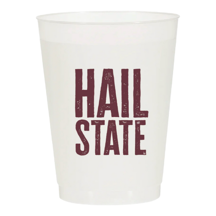 Clear plastic cup with 'HAIL STATE' text in maroon on a white background