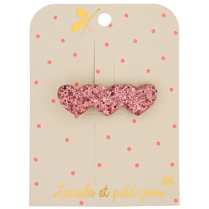 Luciole et Petit Pois - Hair Clip - 3 Hearts Bar - Raspberry