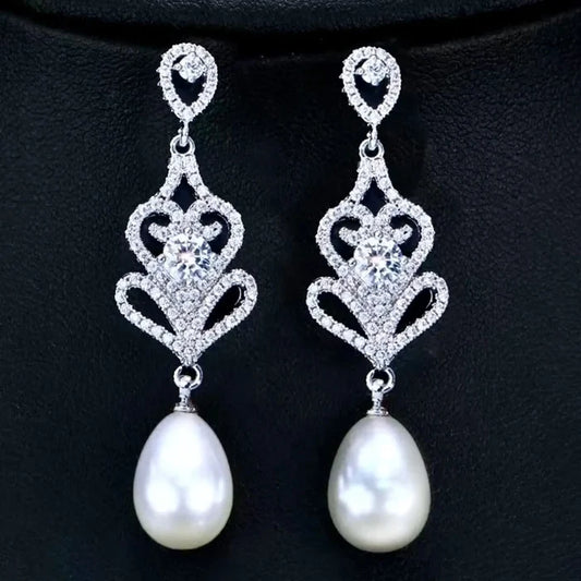 Wedding Jewelry - Pearl and Cubic Zirconia Bridal Earrings