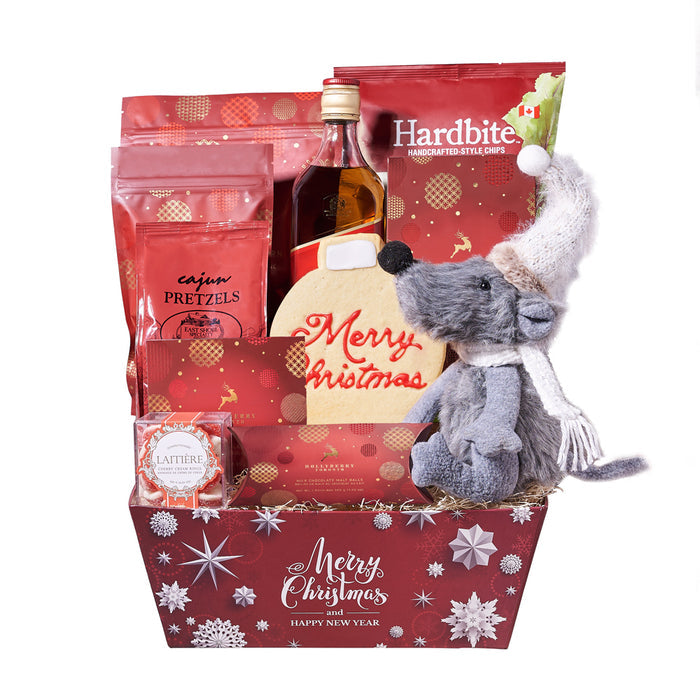 Holiday Mouse Plush and Whiskey Liquor Gift Basket – gift basket with bottle of whiskey, hollyberry white chocolate peppermint popcorn and hollyberry