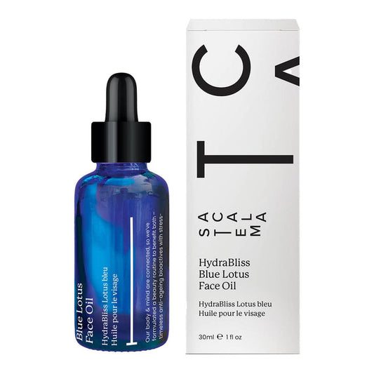 Blue bottle of face oil with dropper and white box on a white background. 30ml HydraBliss Blue Lotus Face Oil.