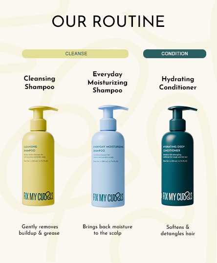 The image shows hair cleaning, conditioning and styling processes of haircare routine with Fix My Curls products