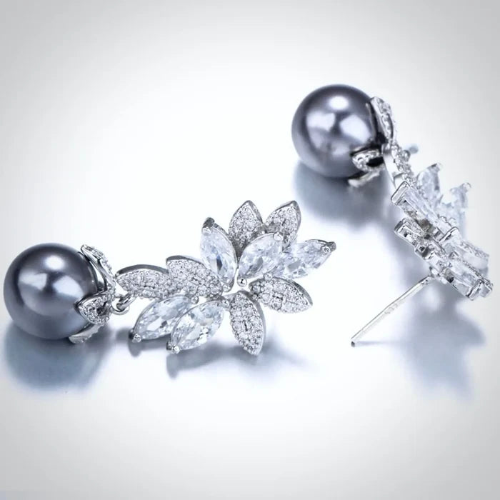 Wedding Jewelry - Gray Pearl and Cubic Zirconia Bridal Earrings