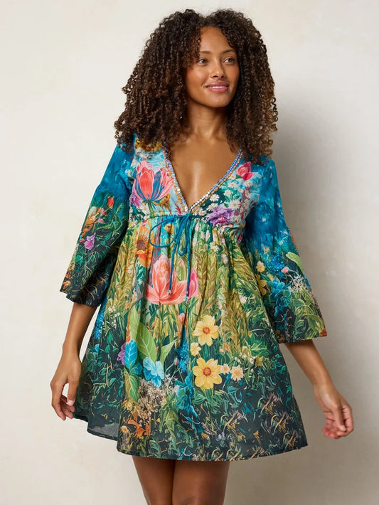 Isabella Mini Dress - Blue Whimsical Garden-view 1