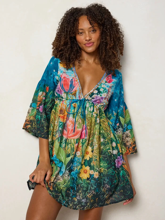 Isabella Mini Dress - Blue Whimsical Garden-view 3