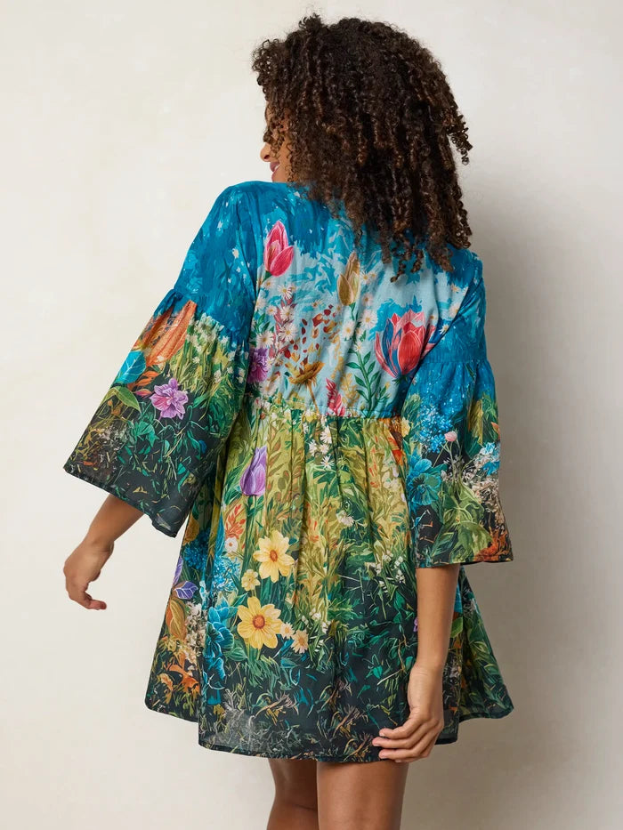 Isabella Mini Dress - Blue Whimsical Garden-view 4
