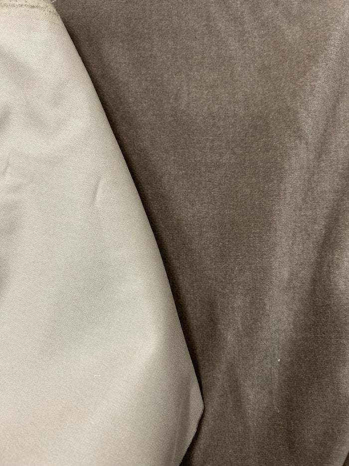 Close-up of front and back of a mocha brown velvet with  beige back.