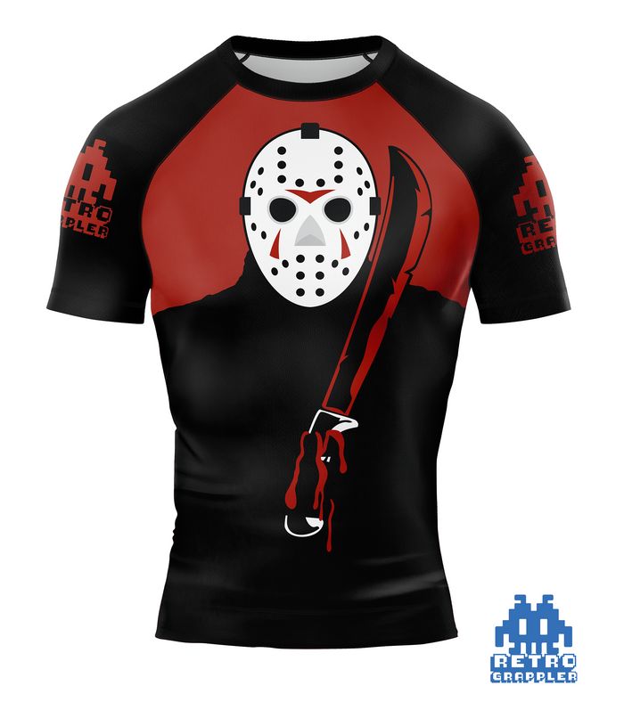 The Jason V Horror Jiu Jitsu Rash Guard by Retro Grappler features black and red colors, a white hockey mask with a bloody machete graphic on the front, and pixel art logos on the sleeves—ideal for your next jiu jitsu session.