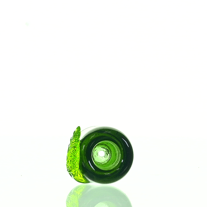 Side view of Joe Madigan 18mm Round Bowl with Leaf in Teal and Slyme Green
