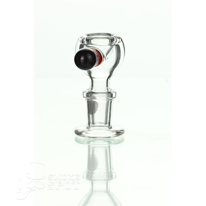 Close-up of Joe Madigan dry herb slide 14 mm red handle glass accessory