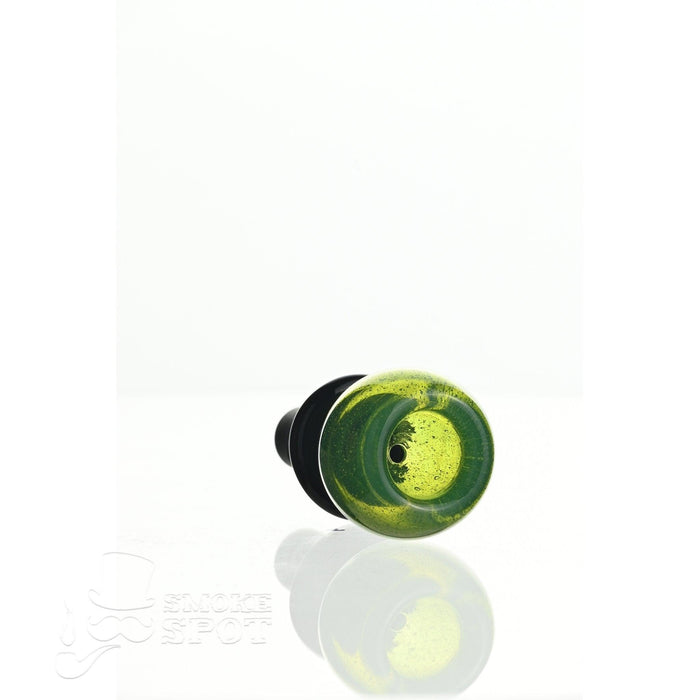 Side view of Joe Madigan tropical green round glass bowl with black fitting 14 mm - Smoke Spot Smoke Shop