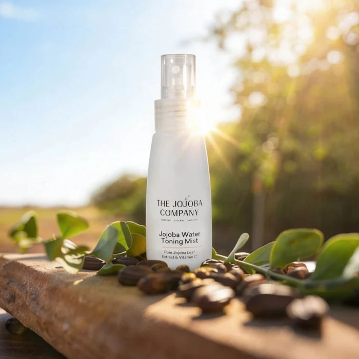 Spray bottle labeled 'The Jojoba Company' Toning Mist on a wooden surface with leaves and coffee beans.