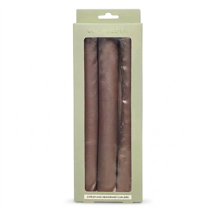 A package of three Olla Bella Jumbo Heatless Curler Rods in a light sage green box with a clear window.