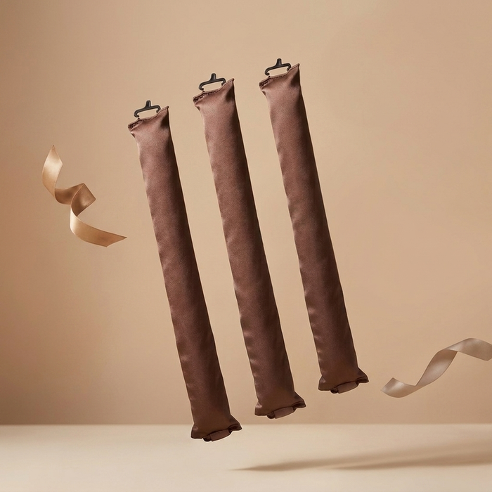 Three Olla Bella Jumbo Heatless Curler Rods with black clips at the top, suspended against a warm beige studio background with decorative ribbons.