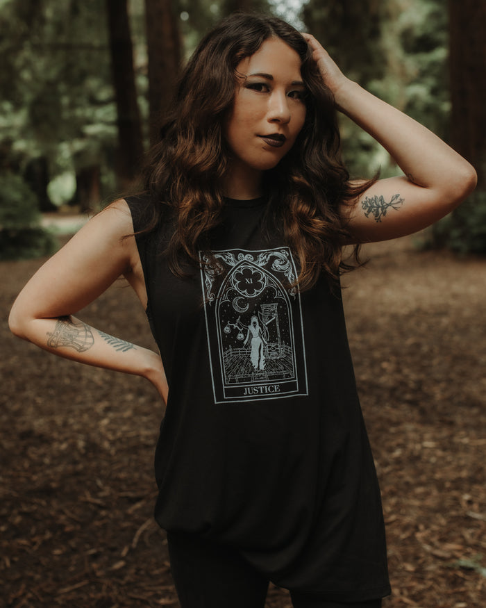 Model styled in the Justice Tank, black tarot card graphic tank