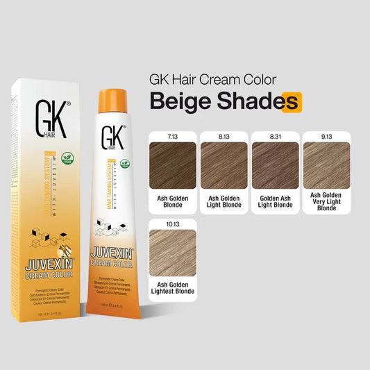 GK Hair Cream Color Beige Shades chart: Ash Golden 7.13, 8.13 Light, 9.13 Very Light, 10.13 Lightest Blonde, 8.31 Golden Ash Light Blonde