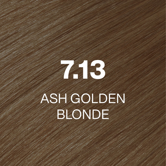 GK Hair Juvexin Cream Color 7.13 Ash Golden Blonde hair color swatch, mid golden brown hair texture with the code printed on it